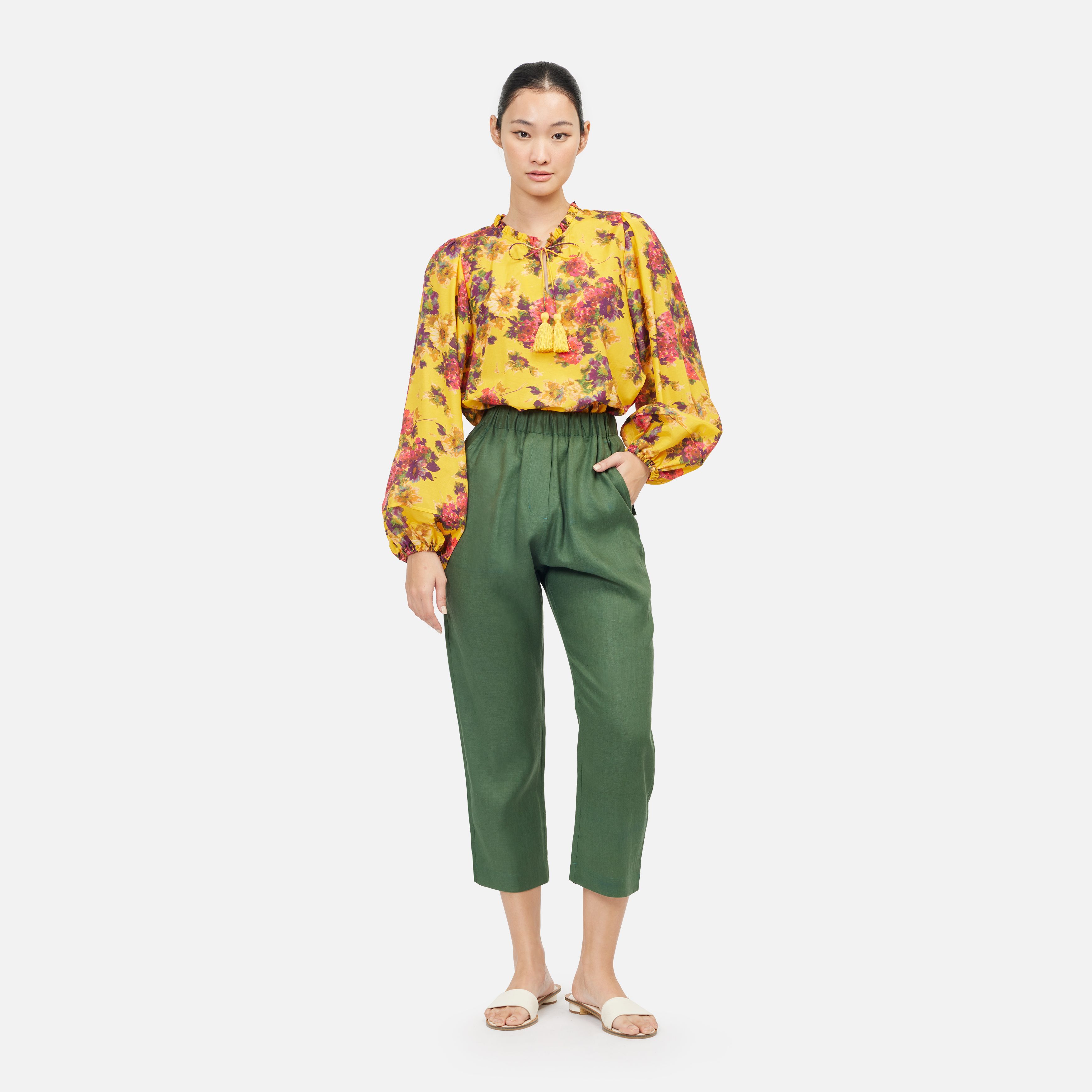 Floral Cotton Silk Loose Ruffle Neck Blouse - Yellow ราคา 1,518 บาท*ส่งฟรี