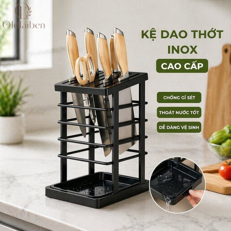 Oldlaiben giá úp dao thớt inox kệ bếp khay thoát nước ống đựng đũa chống gỉ để bàn gọn gàng