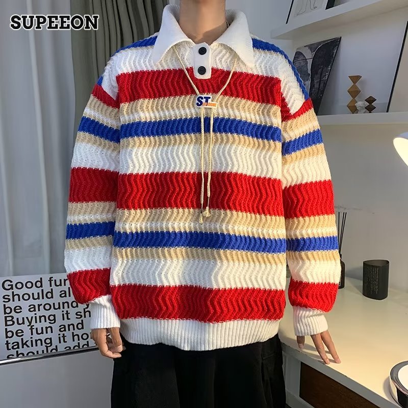 SUPEEON Korean style striped sweater lapel knit Men s autumn and winter