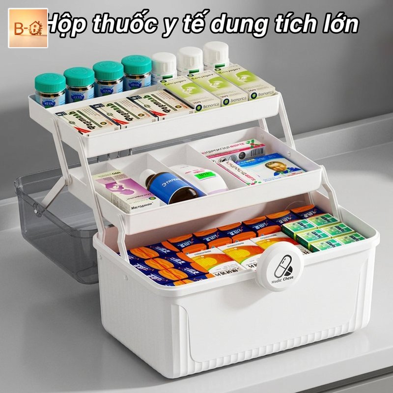 B-HQ hộp đựng thuốc 3 tầng hộp y tế gia đình tay cầm nắp khóa nhựa bền dung tích lớn lưu trữ gọn