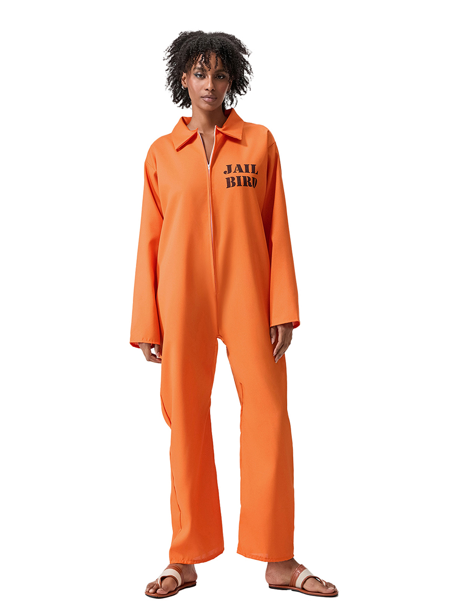 Boyroom nữ Tù Nhân trang phục halloween Tay áo dài in chữ cái phía trước khoá kéo Tù Nhân Jumpsuit