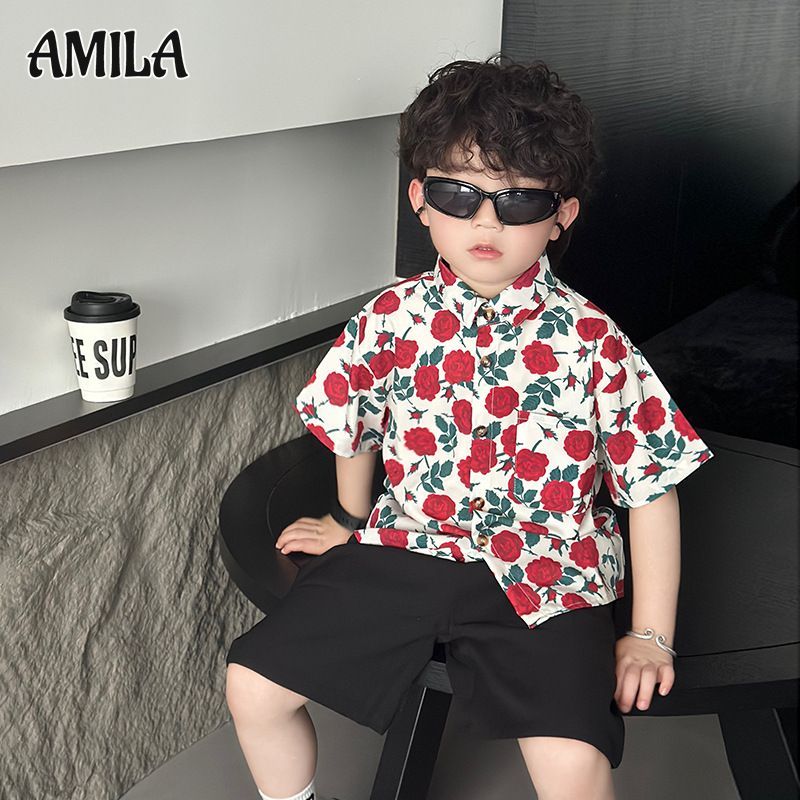 AMILA Hong Kong Style Children's Printed Shirt Summer Thin Baby's Top Little Children's Clothing Coat Handsome Boys and Girls Short Sleeve Shirt Splash Festival Shirt ราคา 183 บาท*ส่งฟรี