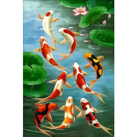 Seni Kanvas Kolam Ikan Koi Modern Dekorasi Dinding Kontemporer yang Semarak Lukisan Gaya Alam Klasik Modern(20 x 30cm)