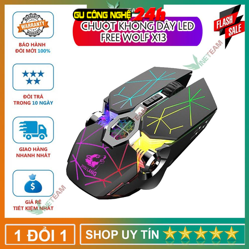 Chuột không dây gaming led siêu đẹp free wolf x13 premium pin sạc dùng siêu trâu chuột máy tính không dây đẹp -dc4089
