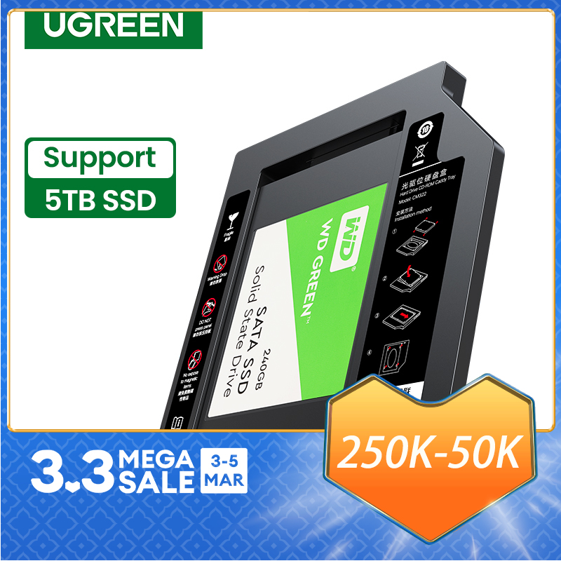 Ugreen hdd caddy 9.5mm sata to usb 3.0 for 2.5" external hard drives for laptop dvd-rom optical bay 5tb hdd ssd case caddy