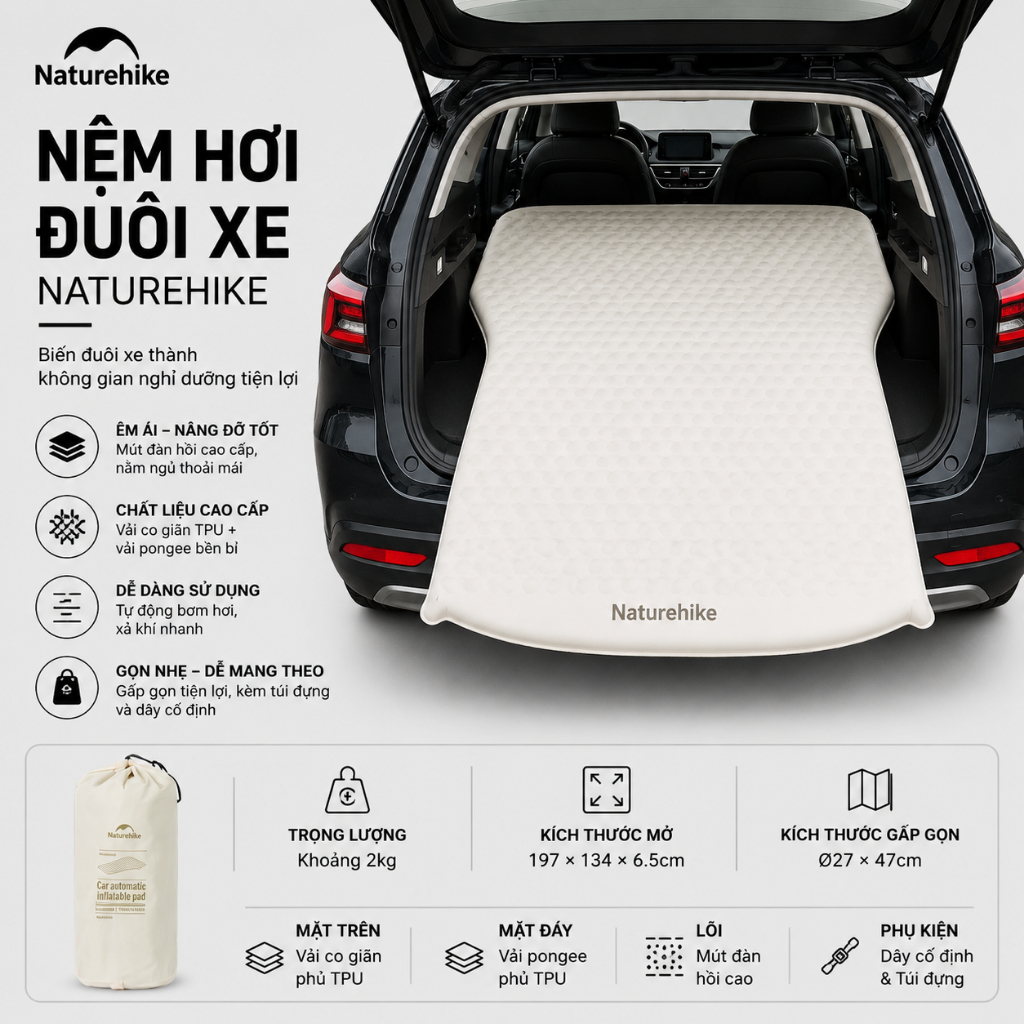 High-Quality Naturehike Car Rear Air Mattress, Suitable for a Variety of Vehicle Models - Cnk2450Ws010 Giá 3,950,000 Đồng*Miễn phí vận chuyển