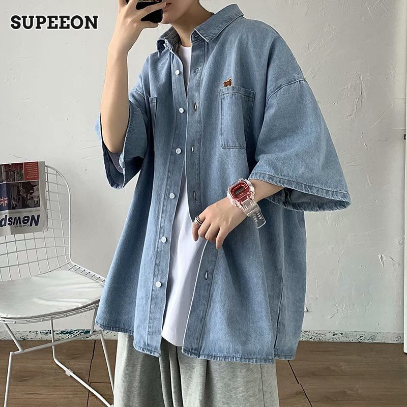 SUPEEON丨Denim shirt Denim short sleeves Denim jacket Short sleeves for men Trendy fashion Handsome boy clothes