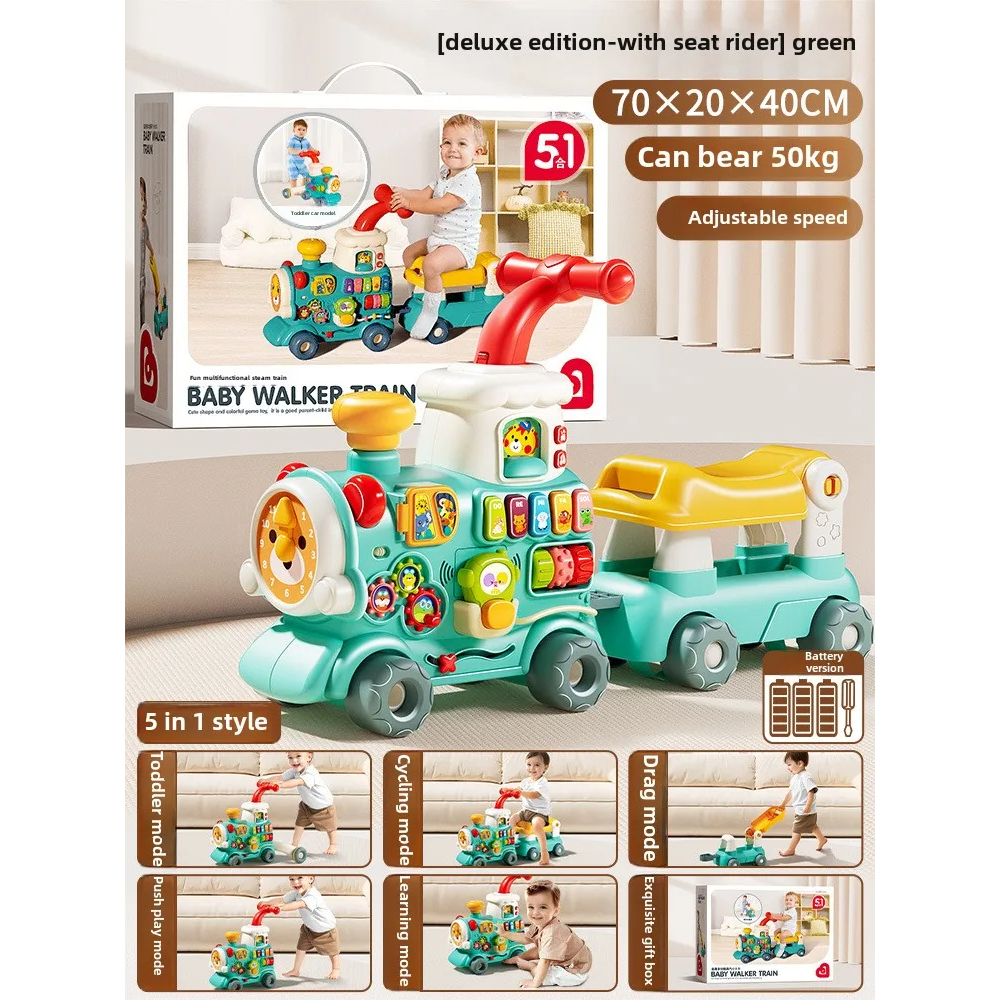 EZYLITTLES 5in1 Baby Walker Train Ride On Toy Push Pull Activity Walker with Light Steam Music Educational Toy for 1-5 Years Old Multifunction Learning Ride Gift for Kids Boys Girls Toddler Indoor Outdoor Play