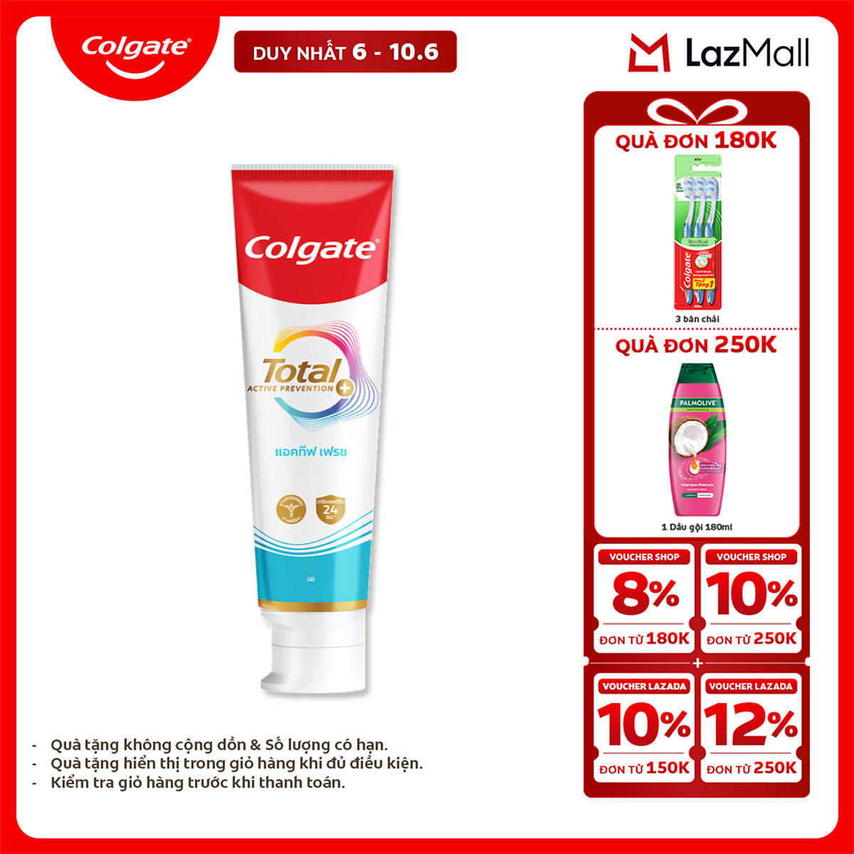 [Chỉ 6-10.6_X2 Voucher giảm 22%] [MỚI] Kem đánh răng Colgate Total sạch sâu bảo vệ, ngăn ngừa 8 vấn đề răng miệng 150g/ tuýp
