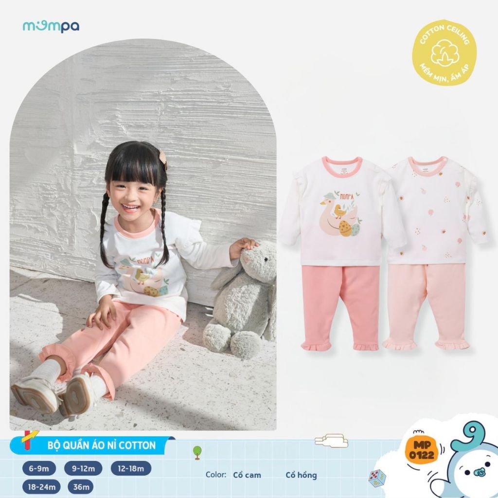 Đồ bộ cho bé Mompa dài tay 6 tháng - 3 tuổi vải Cotton nỉ co giãn mềm mại ấm áp 0122