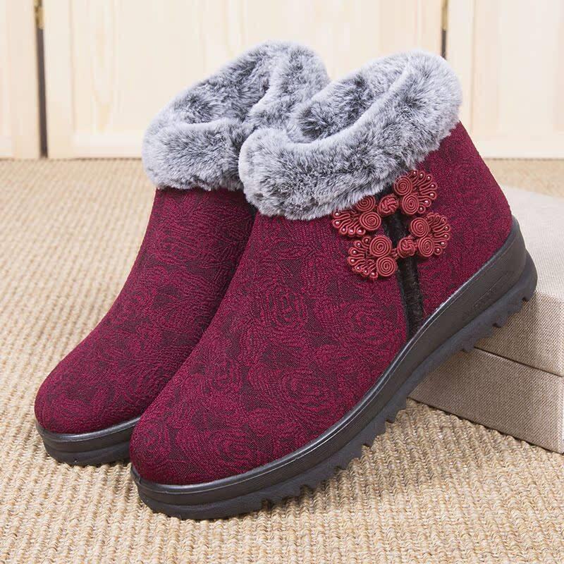 Old Peking Cloth Shoes Women's Cotton Shoes Warm Elderly Grandma Shoes Winter Fur Lining Soft Sole Anti-Slip Mom Cotton Boots Snow Boots◑