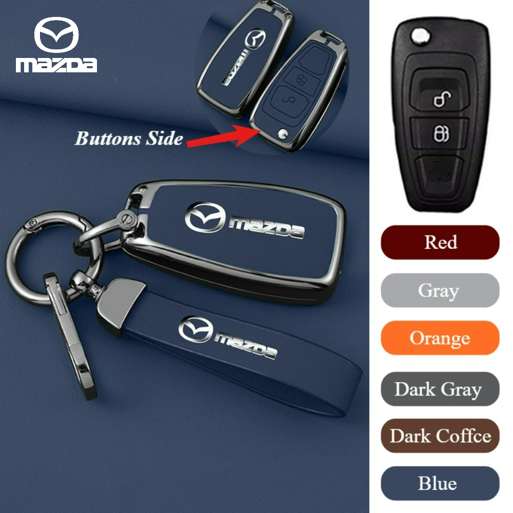 Zinc Alloy Nappa Leather Flip Car Key Fob Shell Cover Folding Remote Fob Case Holder Buttons Protector Keychain Protection For Mazda 3 BT50 BT-50 Pro ราคา 212 บาท*ส่งฟรี
