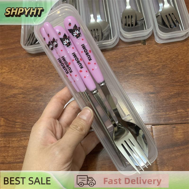 SHPYHT Cute Sanrio Kuromi Spoon Fork 3Piece Set Hello Kitty My Melody Stainless Steel Child Tableware Supplies Kitchen Accessories