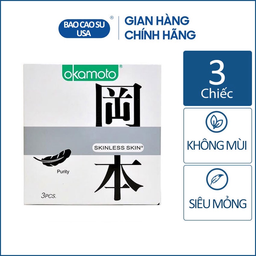 Bao cao su Okamoto Skinless Skin Purity không mùi tinh khiết hộp 3 cái