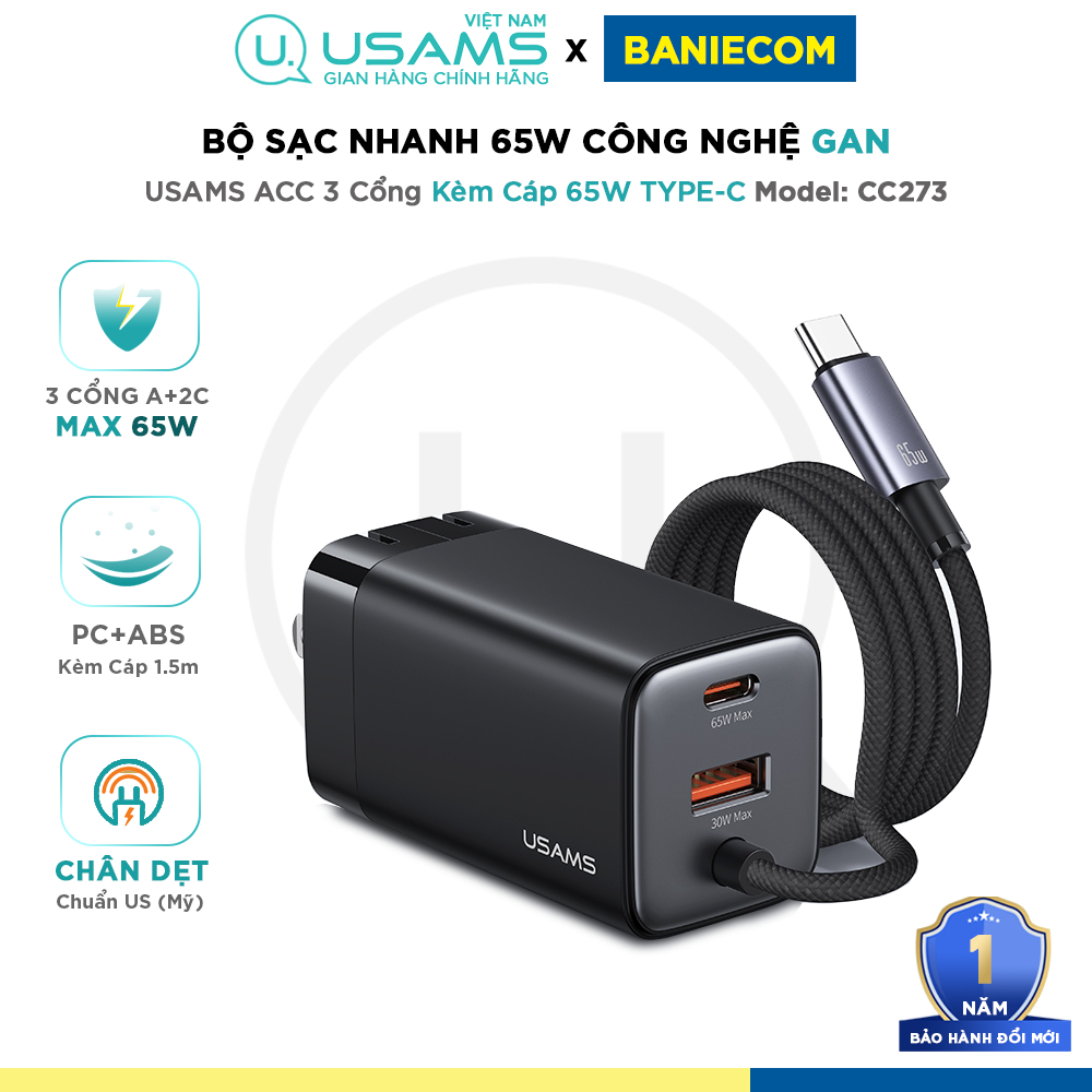 Củ sạc nhanh 65W GaN Kèm Cáp TypeC 1.5m USAMS CC273 Fast Charging 3 Cổng 2C 1A Chuẩn US - Chính hãng