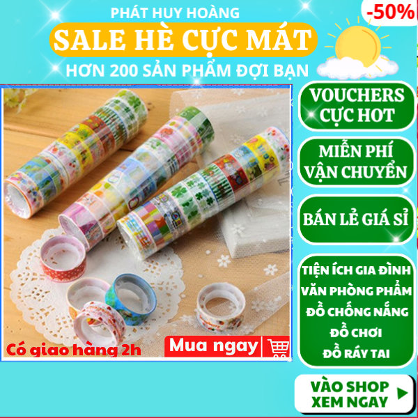 Combo 10 cuộn băng keo dán hoạt hình , Bộ 10 cuộn băng keo dán có hình trang trí sổ tay , 10 cuộn băng keo hoạ tiết nhiều màu , Băng keo gói hàng họa tiết dễ thương , Bộ 10 cuộn băng keo hoạt hình 15mm , Phát Huy Hoàng