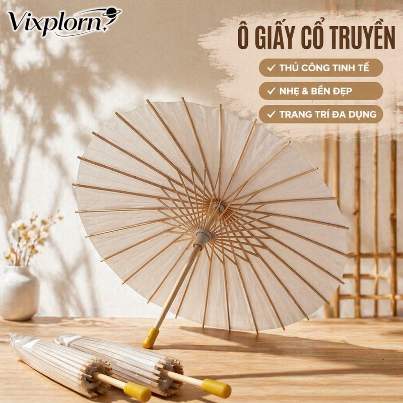 Vixplorn Dù giấy trang trí phong cách cổ trang Hoa văn truyền thống đạo cụ chụp ảnh cưới lễ hội sân khấu gấp gọn