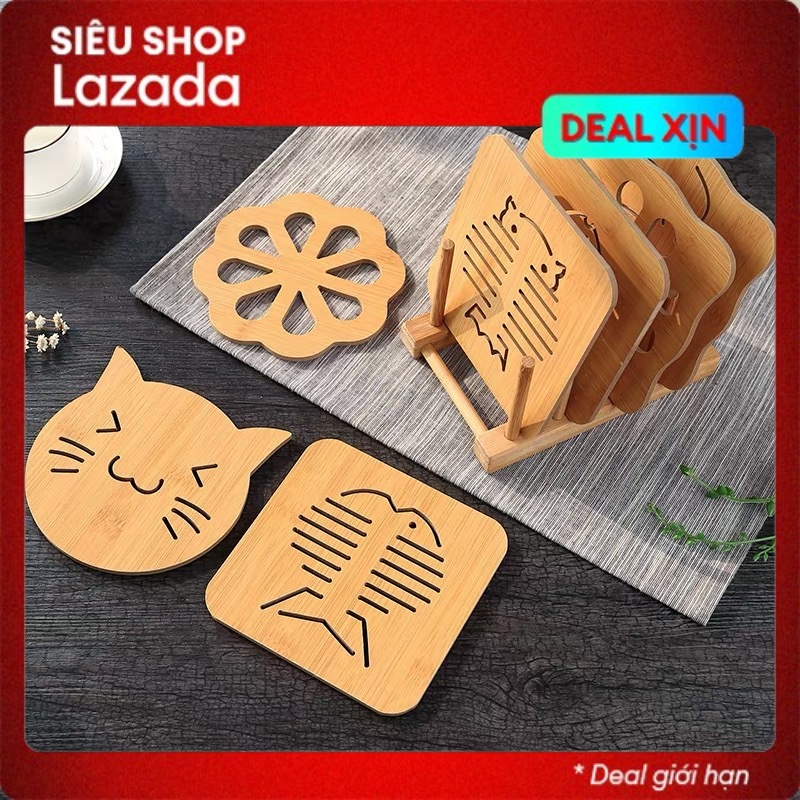Set 2 Miếng lót nồi xoong bằng gỗ bào vệ về mặt bàn, bếp, chống bám bẩn, chống nứt mặt kính bàn ăn.