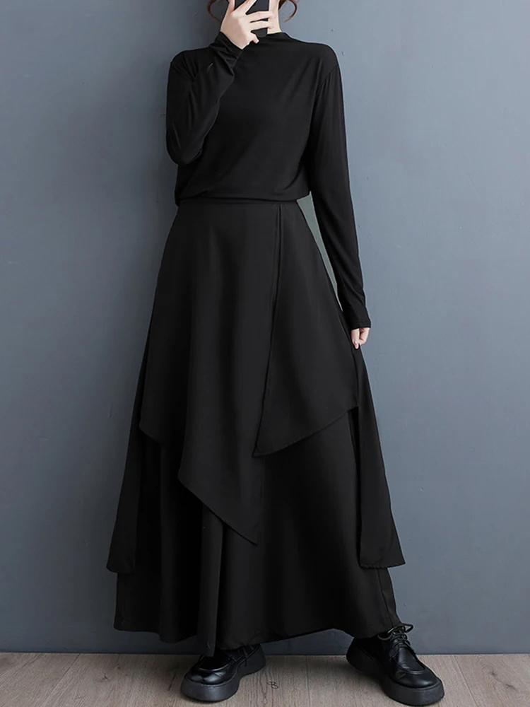 XITAO Asymmetrical Patchwork Wide Leg Pants Black Loose Casual Women Simplicity Personality Culottes DMJ3784