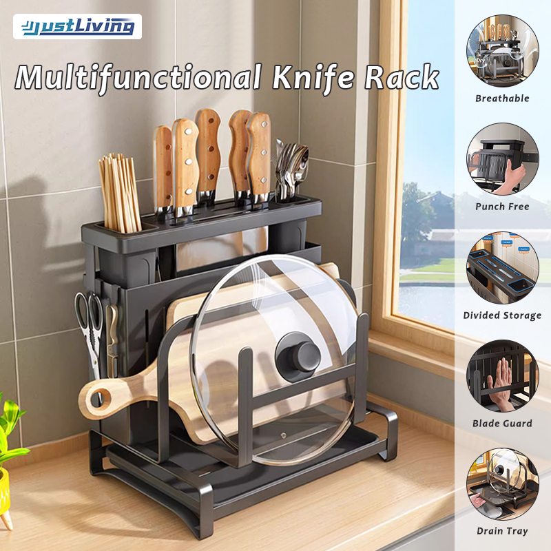JustLiving 1PC Carbon Steel Kitchen Organizer Knife Holder Multifunctional Wall-mounted Kitchen Stainless Steel Drain Storage Rack Fork Spoon Holder Cutting Board Cutlery Storage Shelf Drain Accessories ราคา 840 บาท*ส่งฟรี
