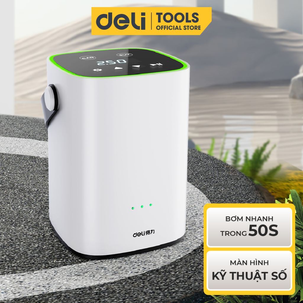 Máy bơm lốp ô tô tự động không dây deli cao cấp - bơm nhanh trong 50s, cổng sạc type c tiện dụng, sử dụng ổn định