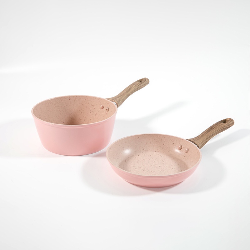 Bộ Nồi Chảo Cho Bé Ăn Dặm Chống Dính 16cm Cao Cấp Vân Đá Hoa Cương Hồng Đáy Từ Dùng Mọi Loại Bếp
