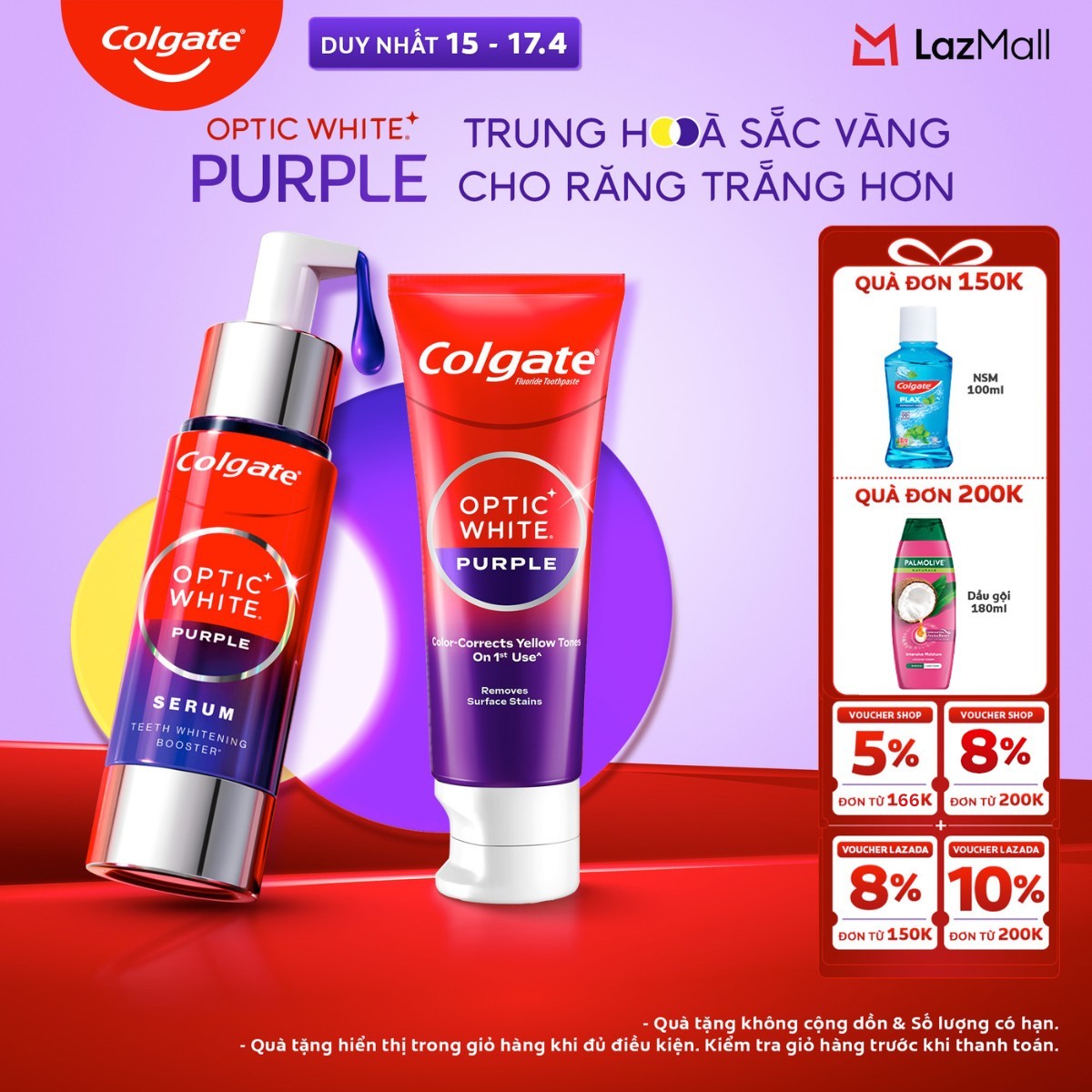 [Chỉ 15-17.4_X2 Voucher giảm đến 18%] Bộ đôi Colgate Optic White Purple: Serum và Kem đánh răng trắng răng, trung hòa sắc vàng tức thì