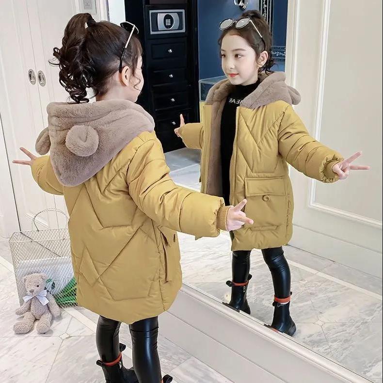 Cotton Jacket Girl's Autumn and Winter Fashionable Fashion Coat Fleece-lined Cotton Coat Stylish Girl's Mid-length Cotton Coat ราคา  474 บาท*ส่งฟรี