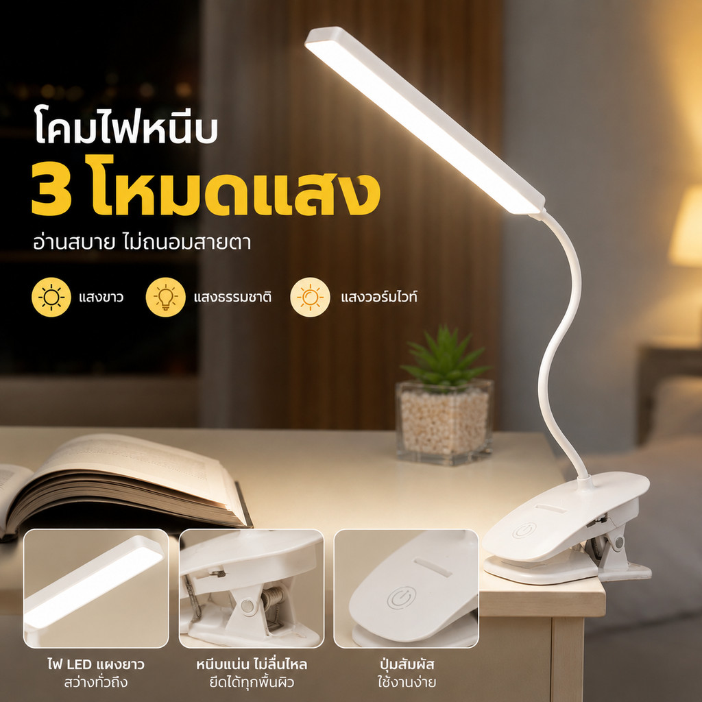โคมไฟหนีบ LED 3 สี/แสงขาว โคมไฟอ่านหนังสือ ชาร์จได้ เสียบไฟได้ ก้านอ่อนปรับมุมได้ ใช้ได้ทั้งแบบหนีบและวางตั้ง สำหรับโต๊ะเรียน หัวเตียง ห้องนอน หอพัก ราคา 127 บาท*ส่งฟรี