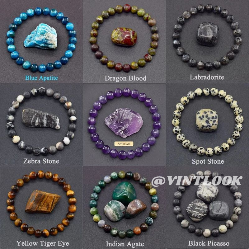 VINTLOOK สร้อยข้อมือคริสตัลธรรมชาติคอลเลกชันพิเศษ พร้อมหินไม้สีฟ้า โลหิตมังกร ลาบราโดรีท หินลายเสือ แอมพลิสต์ หินจุด หินตาเสือเหลือง อาเกตอินเดีย และหินปิกัสโซสีดำ