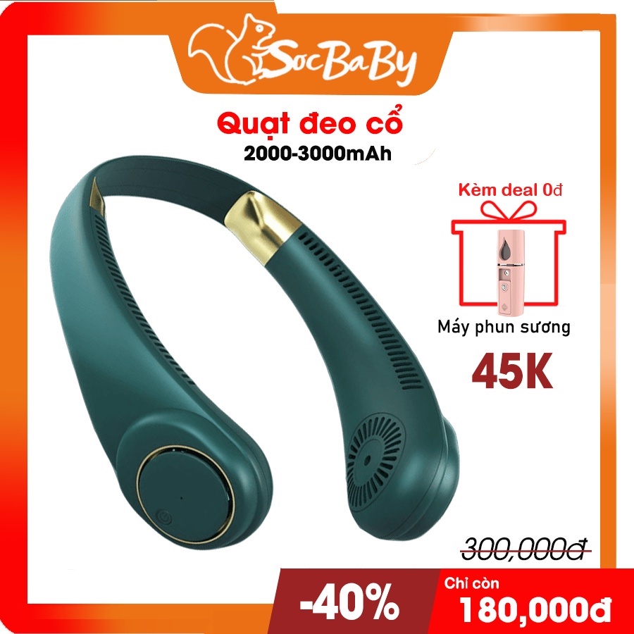 Quạt đeo cổ mini không cánh thổi 360 độ có 3 chế độ gió tuỳ chỉnh dung lượng pin lớn 3000mAh