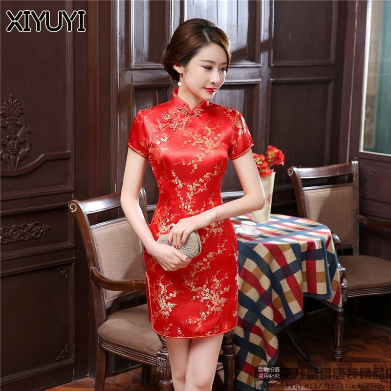 Xiyuyi cô gái tay ngắn sườn xám váy ngắn hè, váy sườn xám cách tân