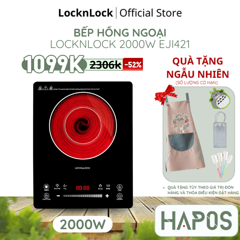 Bếp hồng ngoại locknlock infrared cooker, 220-240v, 50/60hz, 2000w - màu đen eji421 - hapos official