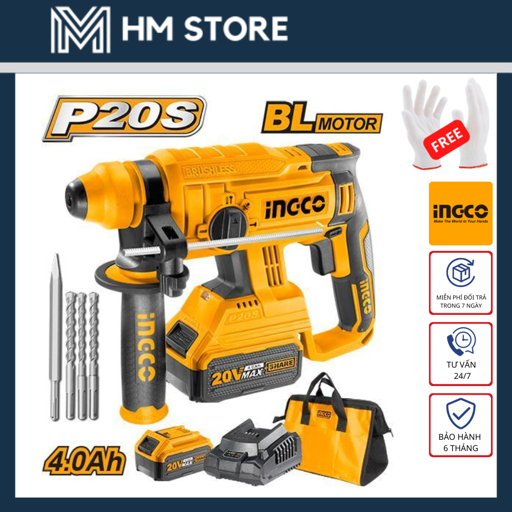 COMBO MÁY KHOAN BÊ TÔNG DÙNG PIN Lithium 20V INGCO - KÈM 2 PIN 4AH VÀ 1 SẠC NHANH - HÀNG CHÍNH HÃNG - CRHLI22012 - HM LOCK