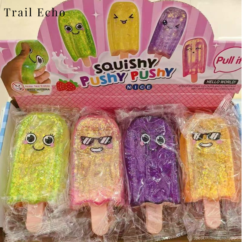 Trail Echo Squishy Popsicle Stress Relief Toy with Cute Faces and Glittery Texture - Slow Rebound Squishy Fun for Kids and Adults ราคา 79 บาท*ส่งฟรี
