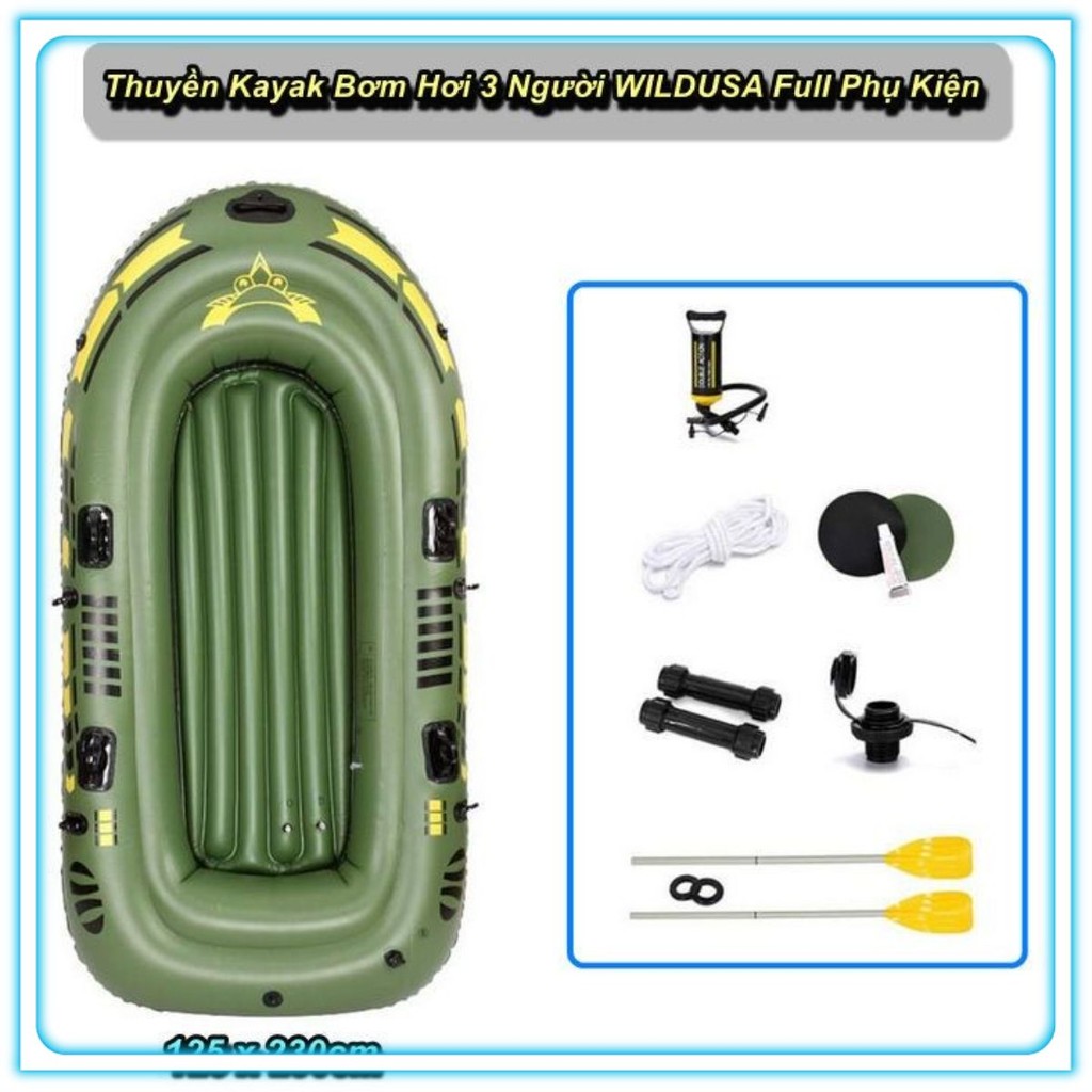 Thuyền Kayak Bơm hơi 3 Người Wildusa 125x230cm + Full Phụ Kiện (Electric Pump)