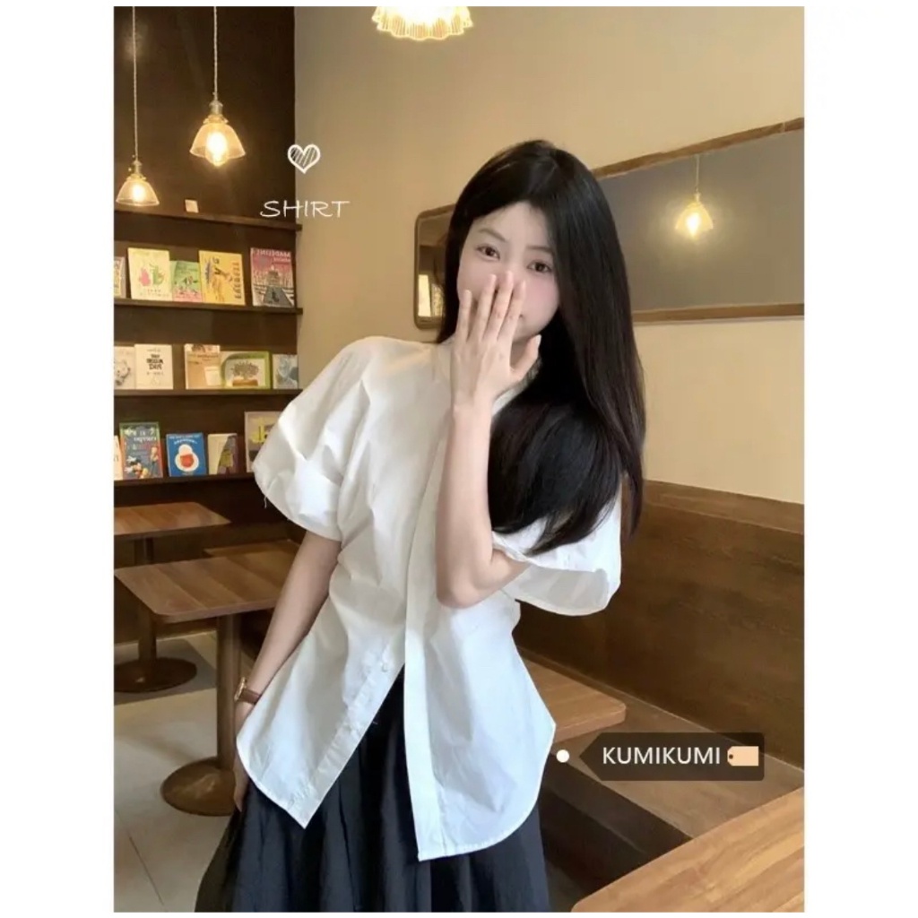 Áo sơ mi nữ cộc tay cổ trụ tay bồng CHIẾT EO buộc dây lưng tiểu thư xinh xắn