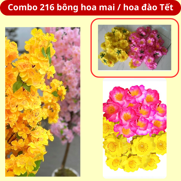 Combo 216 bông mai/đào giả, trang trí Tết sang trọng, sinh động. Hoa mai, hoa đào giả mang lại vẻ đẹp tươi tắn cho không gian ngày Tết, đậm chất truyền thống - Nguyễn Thùy Store.