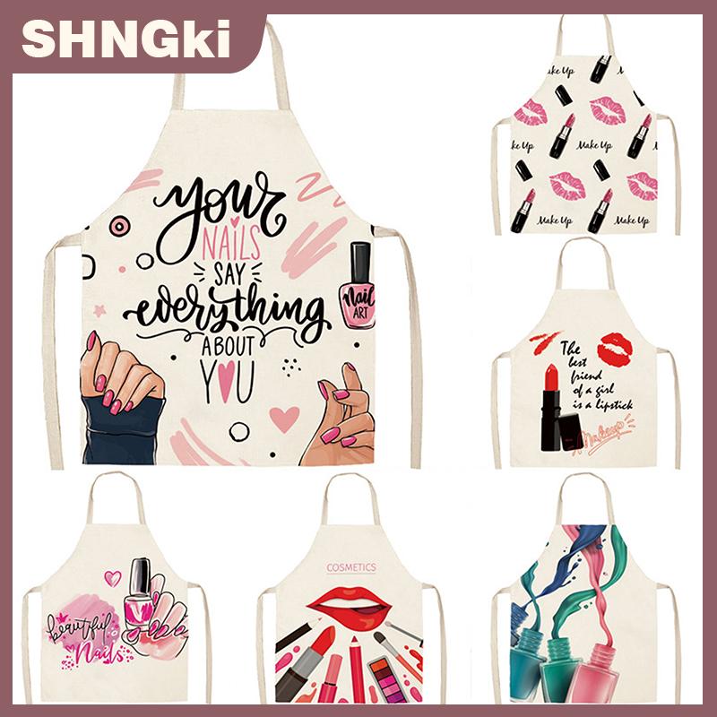 SHNGki Sơn móng tay son môi làm đẹp nhà bếp phụ nữ Tạp dề hộ gia đình làm sạch lanh pinafore Salon nhà nấu ăn nướng người lớn Bib