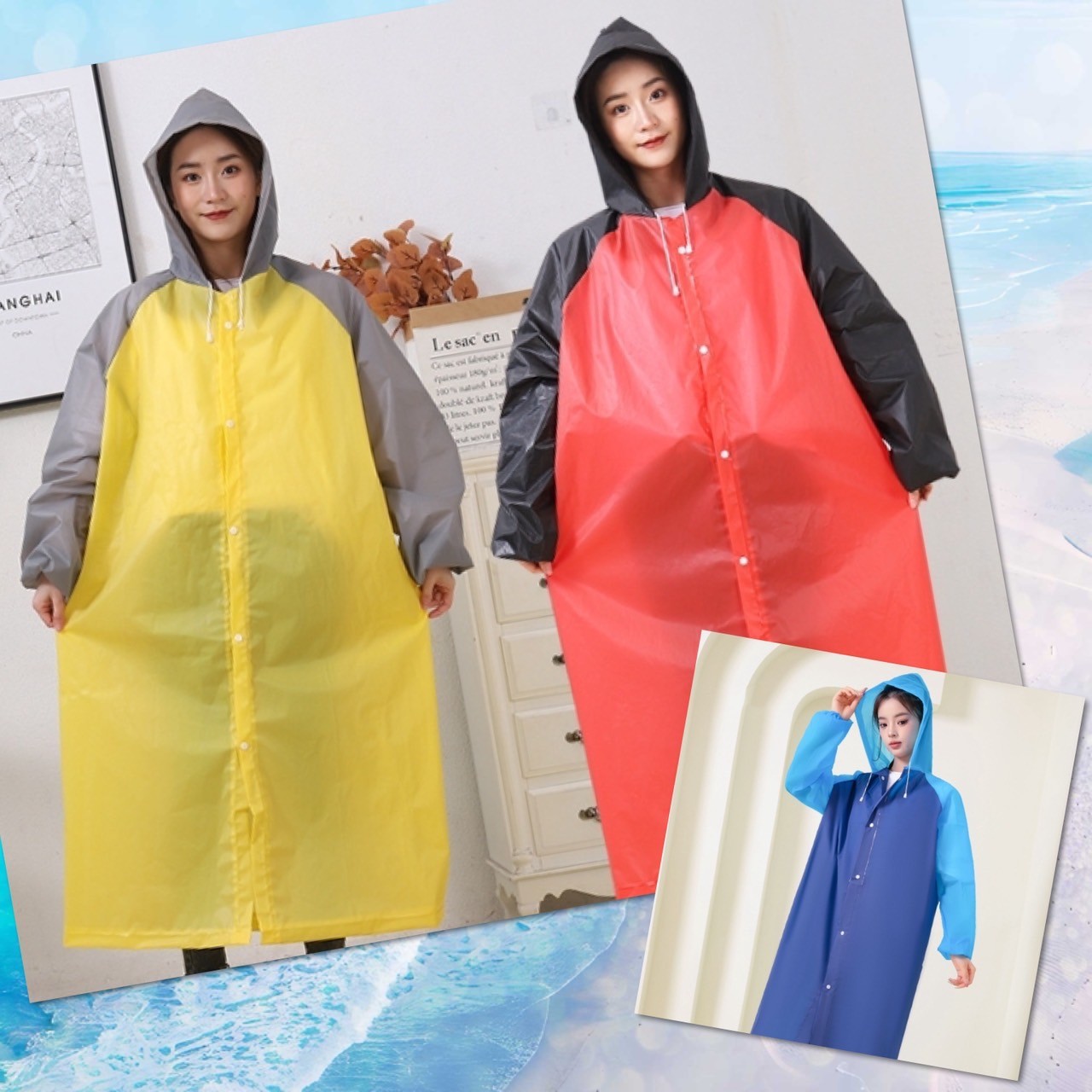 💖   Two-Tone Raincoat, Thick Raincoat, Eva Model, Multi-Colored, with Hood, Waterproof, Lightweight, Bright Colors, Fashionable Design, Korean Style. 💖
