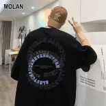MOLAN Áo phông ngắn tay in họa tiết rộng cho nam, áo phông tay áo lửng thanh niên hợp thời trang