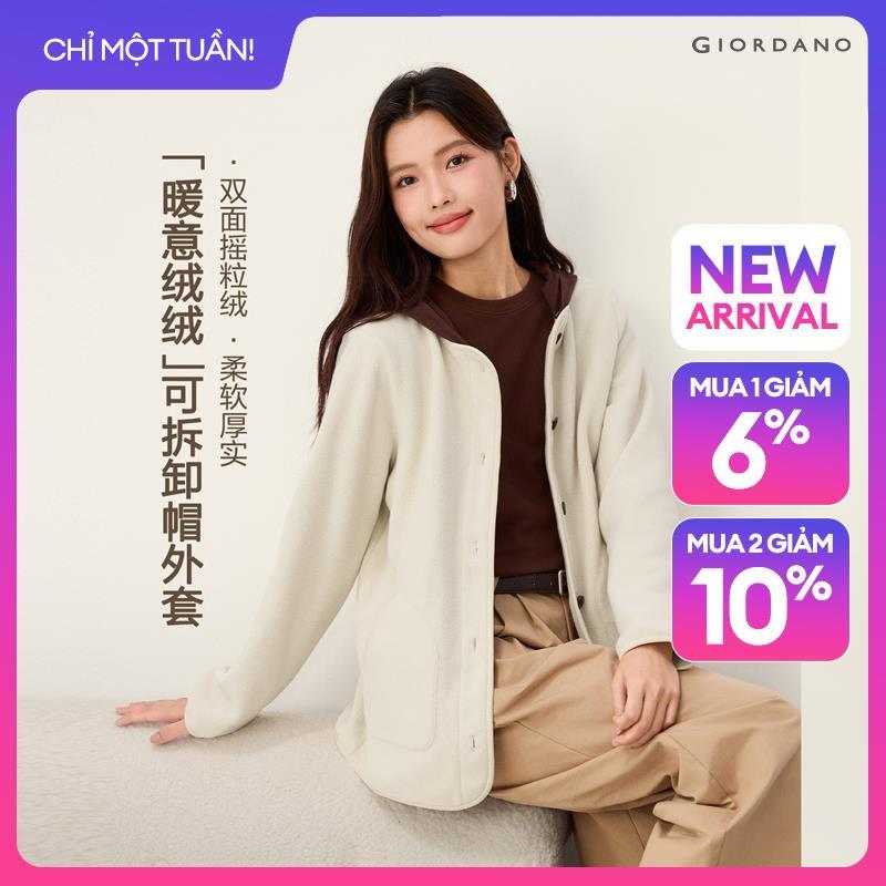 GIORDANO Women Jackets Fake Two-Piece Polar Fleece Hooded Jackets Button Closure Fashionable Casual Relaxed Jackets 13376965