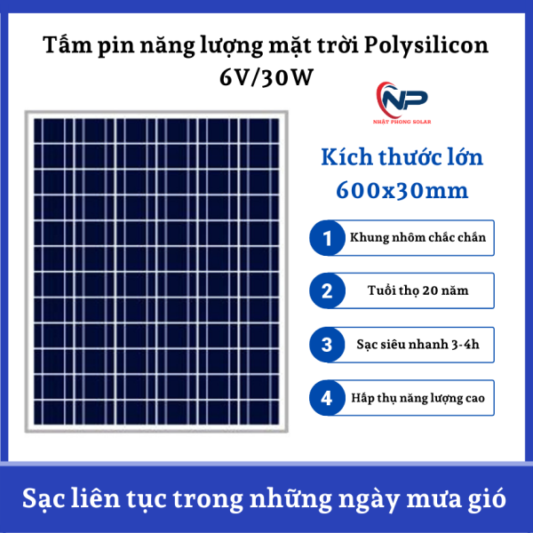 Bảng giá Tấm pin năng lượng mặt trời panel Polysilicon đa tinh thể 6V 30W  dùng cho đèn năng lượng mặt trời NHATPHONGSOLAR khung nhôm chắc chắn tấm kính chịu lực tốt hấp thụ ánh sáng cao tấm pin năng lượng chưa bao gồm phụ kiện
