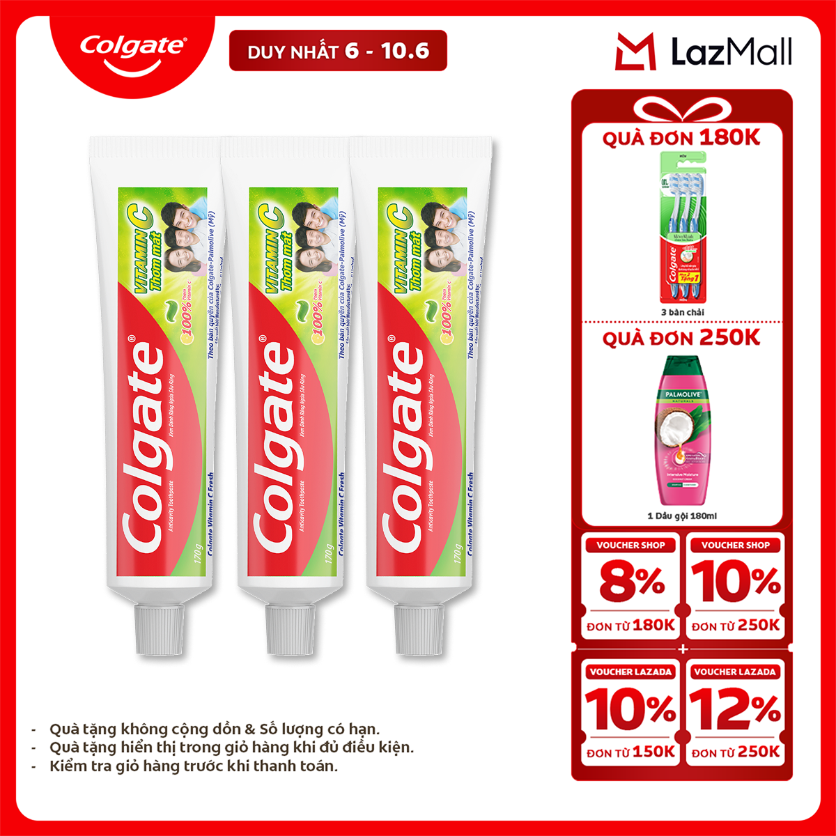 [Chỉ 6-10.6_X2 Voucher giảm 22%] Bộ 3 Kem đánh răng Colgate Vitamin C thơm mát 170g/ tuýp