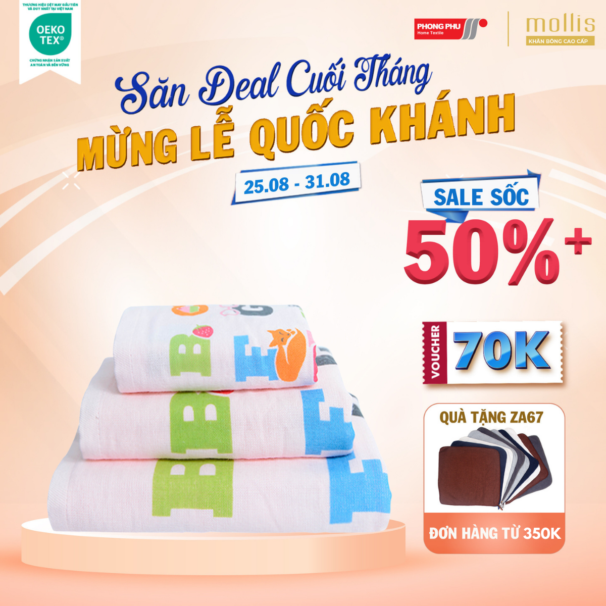Khăn Trẻ Em Mollis Cotton 50x100cm Khăn Cao Cấp 100% Cotton USA Tự Nhiên Mềm Mại Thấm Hút Tốt An Toàn Cho Da Em Bé BM6A