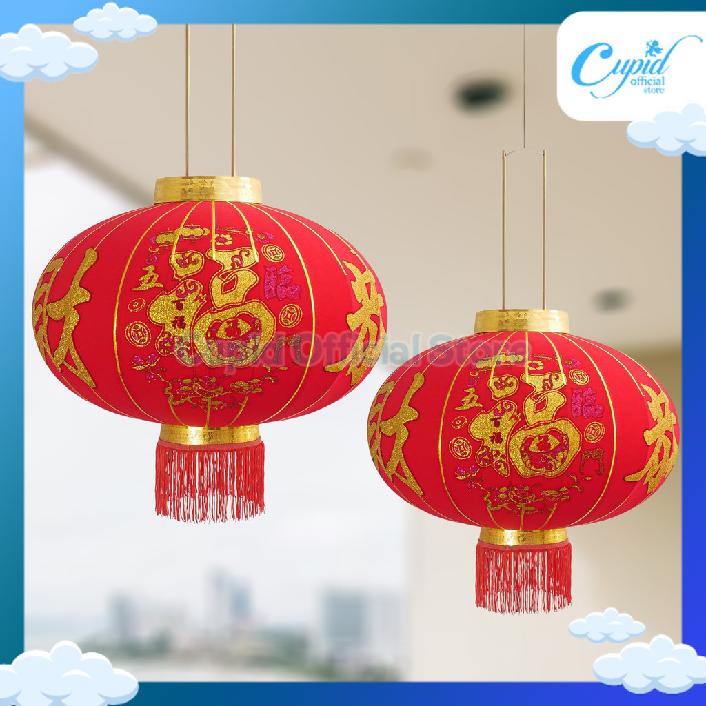 2 PCS Lampion Beludru Gong XI Imlek Hanging Lentera Lantern Imlek Bulat Lipat Gantung Merah 120cm Moti…