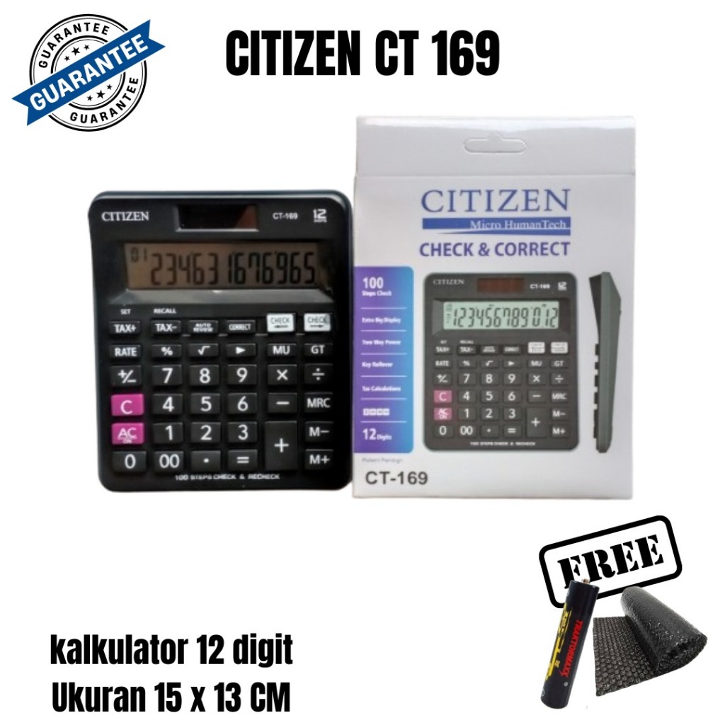 Kalkulator CT 169 Ukuran Sedang Untuk Sekolah Kantor Dagang Kasir Warna Hitam 12 Digit Display Besar