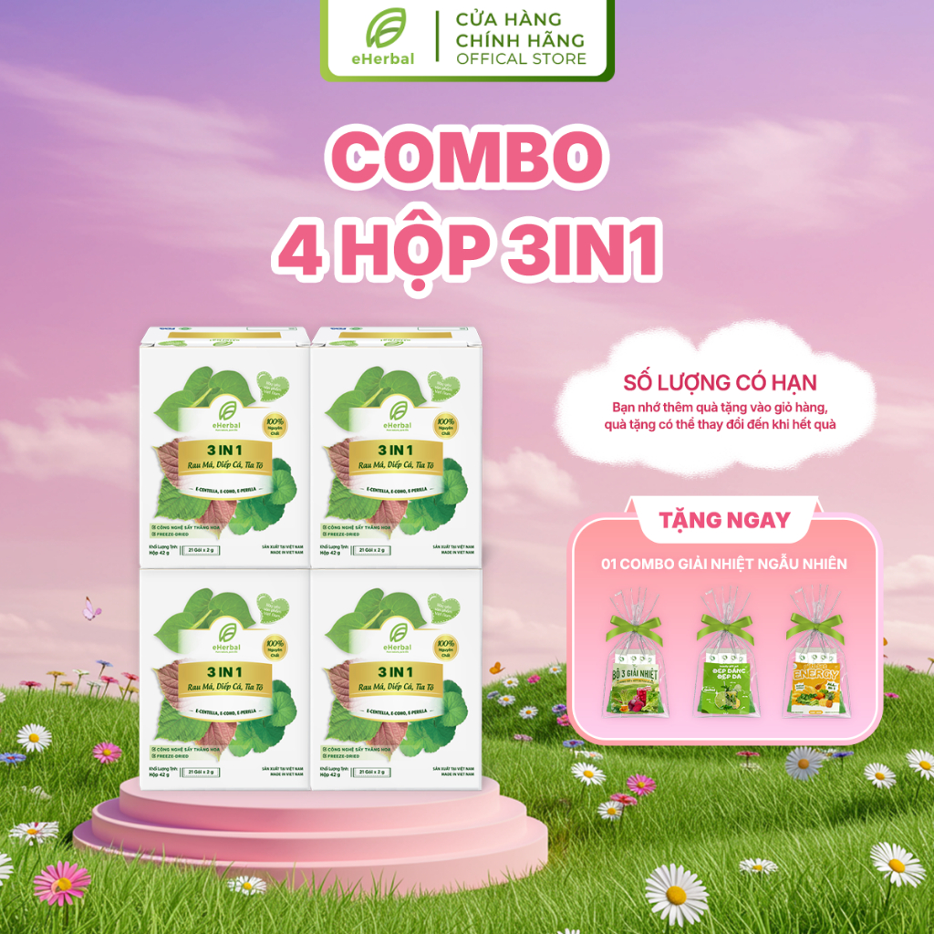 Combo 4 hôp Bột Rau 3in1 Rau má Diếp cá Tía tô EHERBAL chính hãng 84 gói