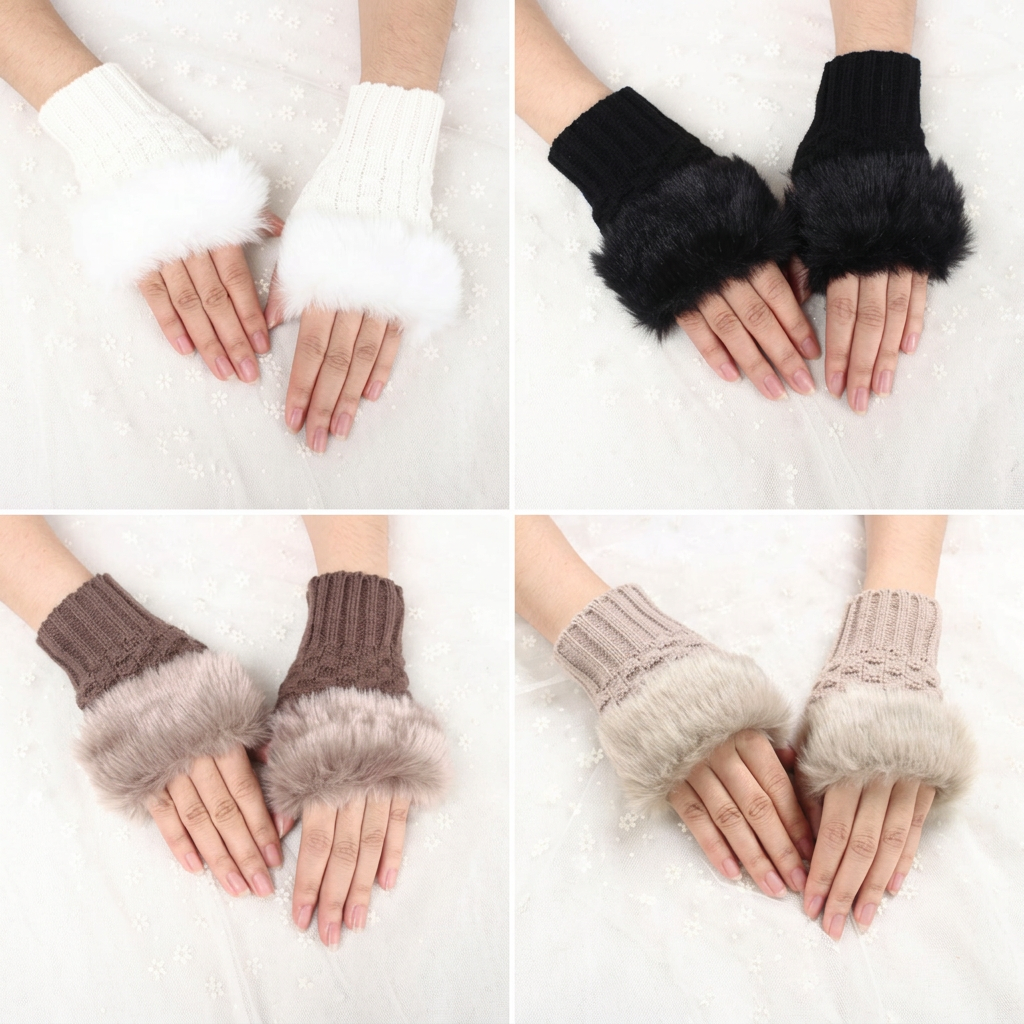 Fashion Women Faux Rebbit Fur Hand Wrist Warmer Winter Fingerless Knitted Gloves