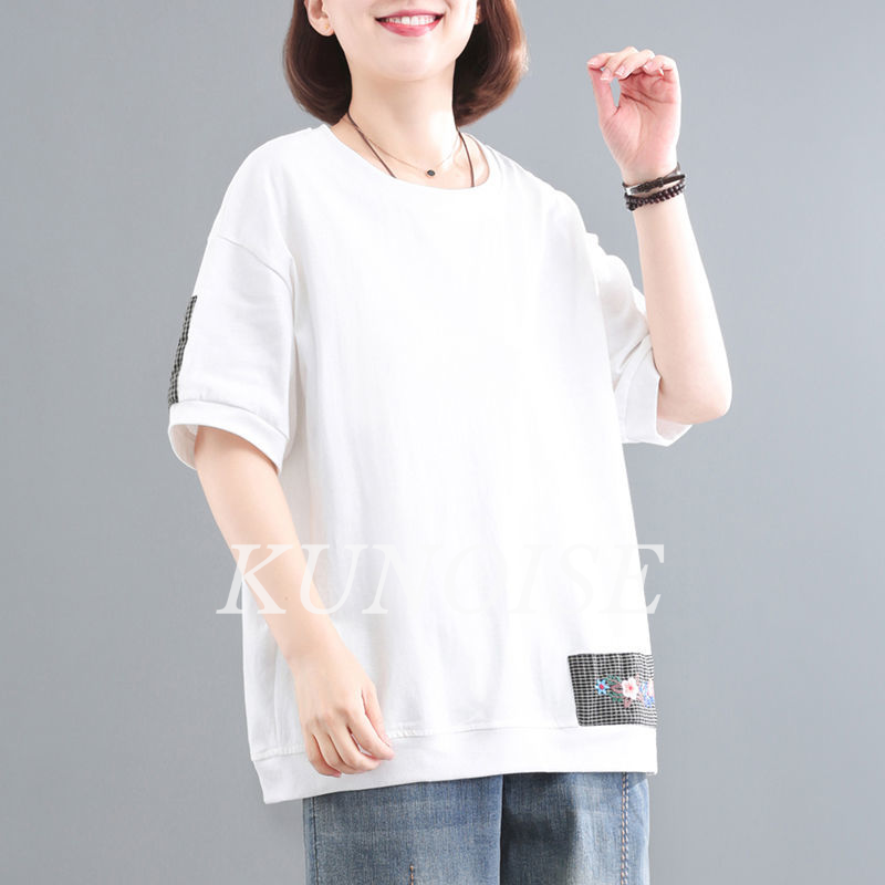 KUNOISE Fashion Short Sleeve T-shirt with Embroidery Flower Patch plus Size Women's Cotton Short-Sleeved T-shirts ราคา 140 บาท*ส่งฟรี